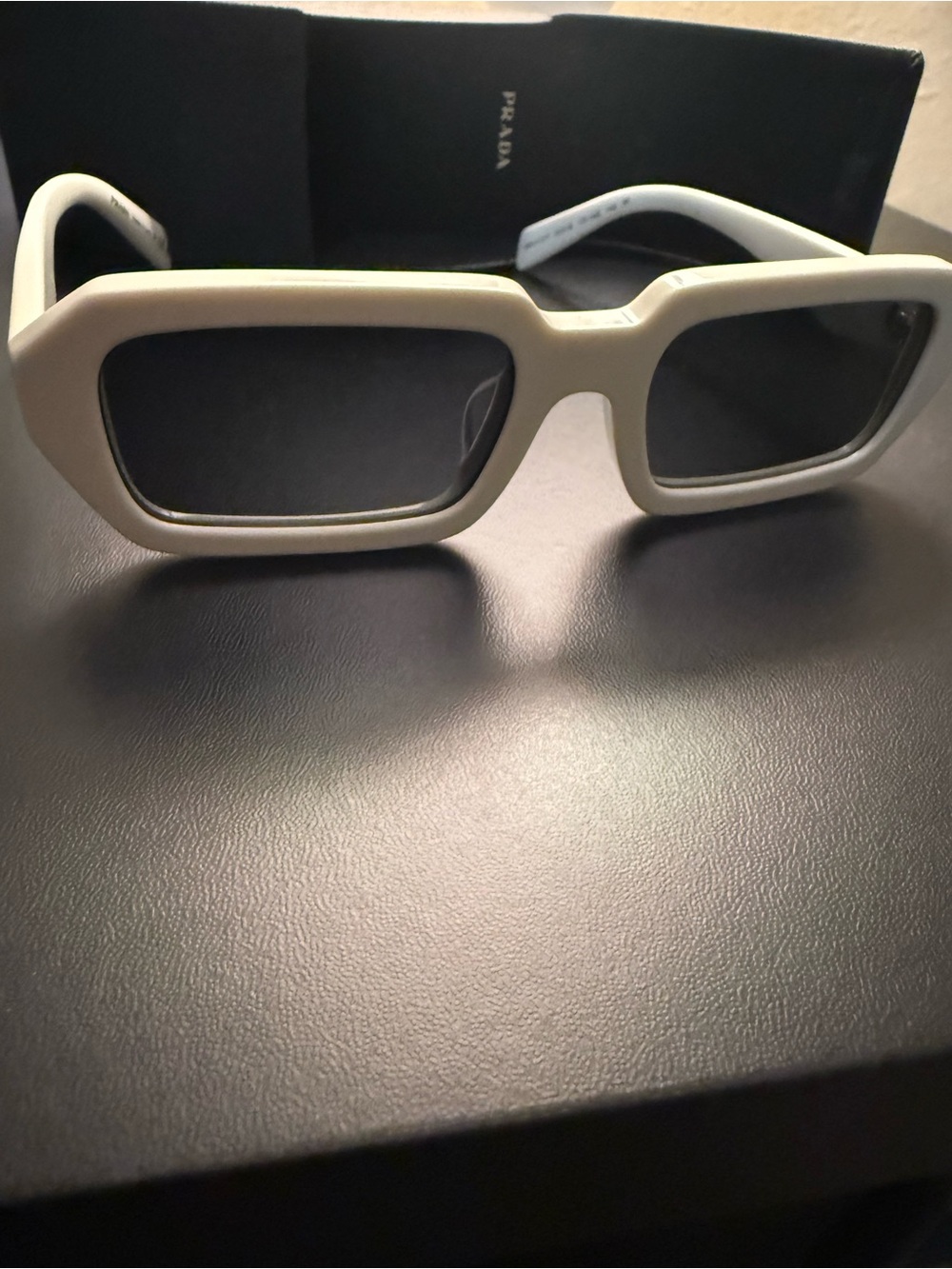 Prada White Rectangular Sunglasses with Dark Lenses